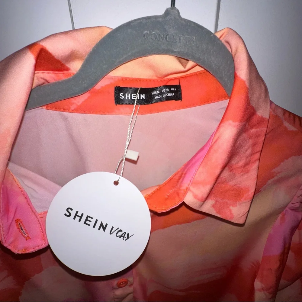 Women's Orange and Pink Holiday Vacation Flower Print Shirt - M - NWT - Picture 3 of 7